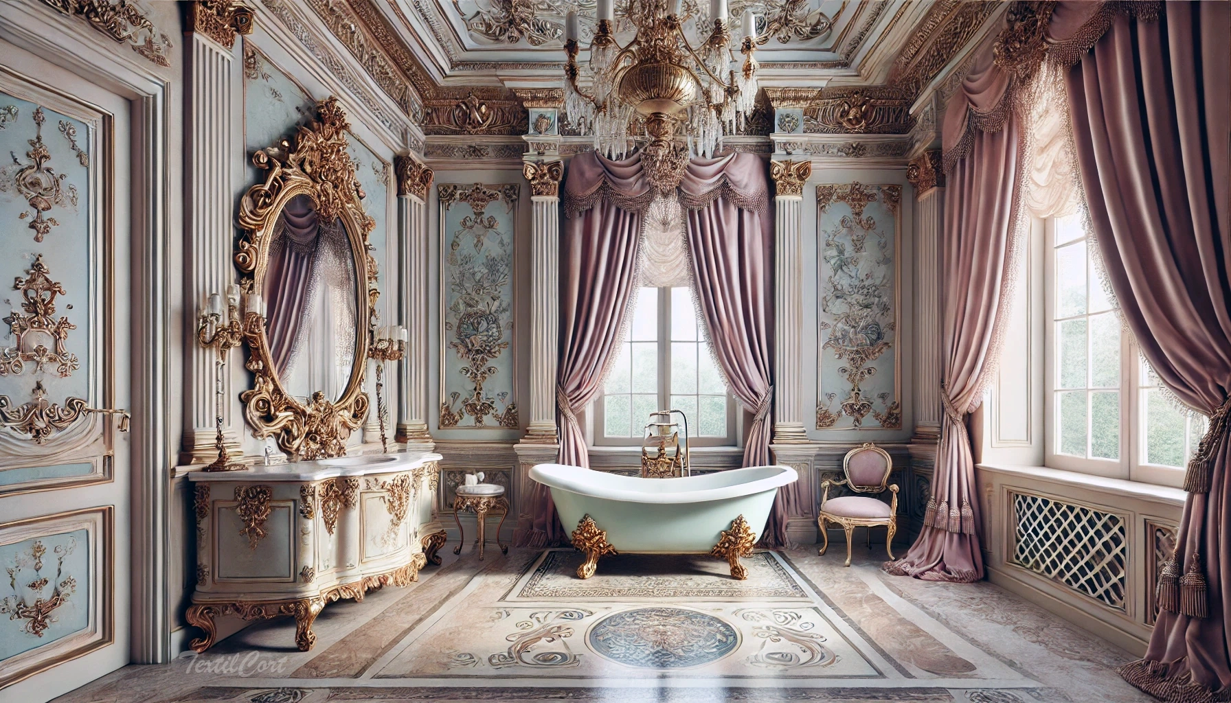 Cortinas estilo Rococó clásico en baño palaciego con bañera exenta y decoración dorada