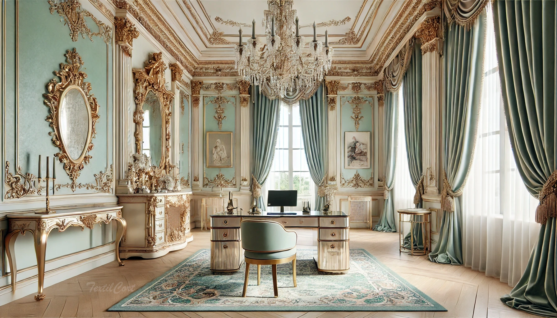 Cortinas estilo Rococó clásico en despacho palaciego con ornamentación dorada y tejidos nobles