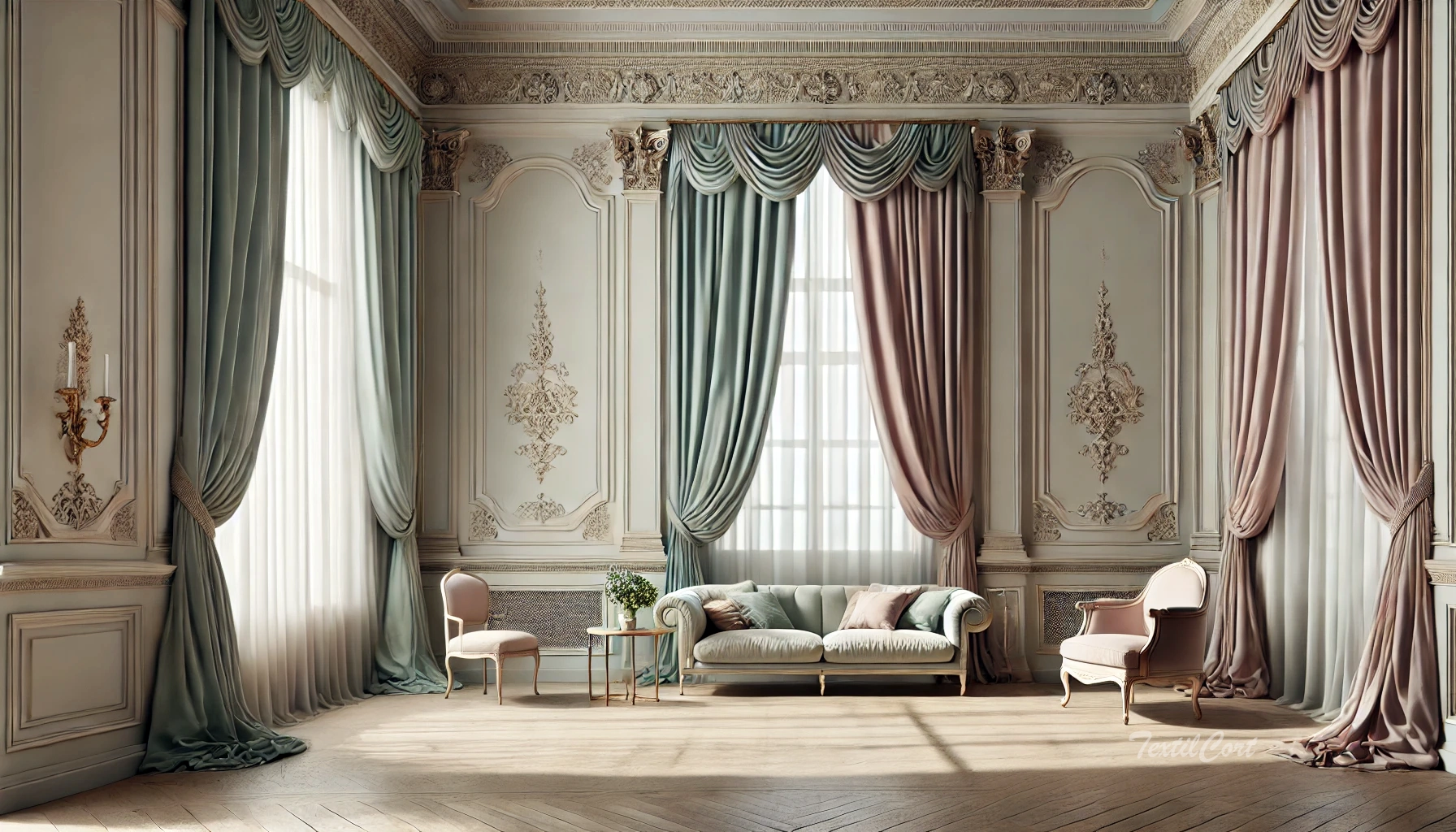 Cortinas estilo Rococó contemporáneo en dormitorio sofisticado con composición simétrica y tonos suaves