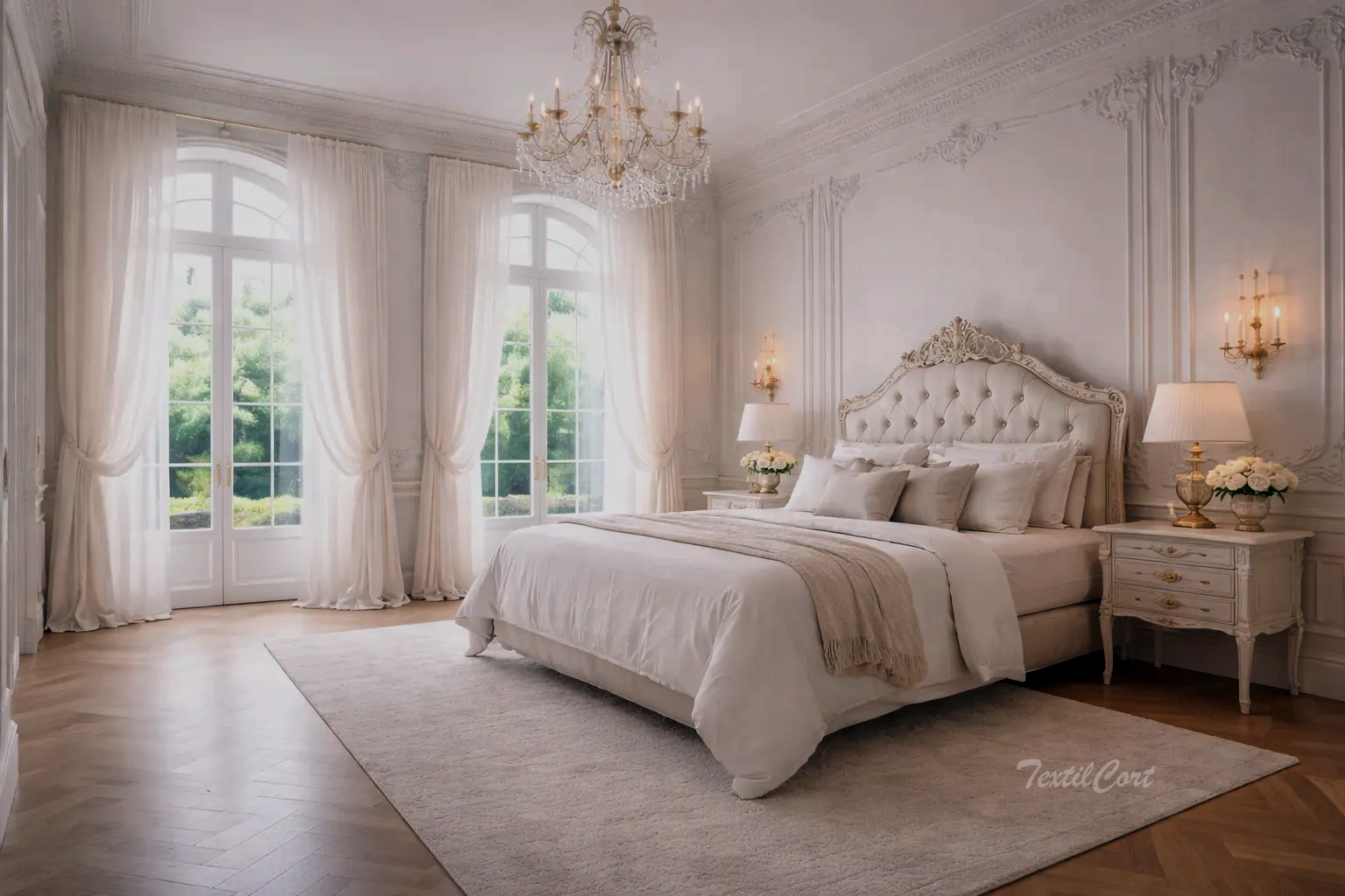 Cortinas estilo Rococó minimalista en dormitorio luminoso con ventanales y estética serena