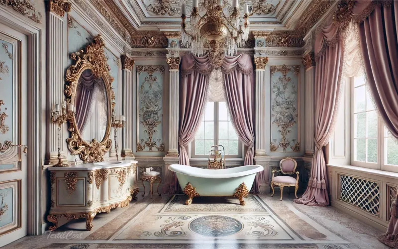 Cortinas estilo Rococó clásico en baño palaciego con bañera exenta y decoración dorada – TextilCort