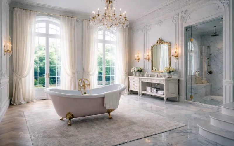 Cortinas estilo Rococó minimalista en baño luminoso con ventanales y estética depurada – TextilCort