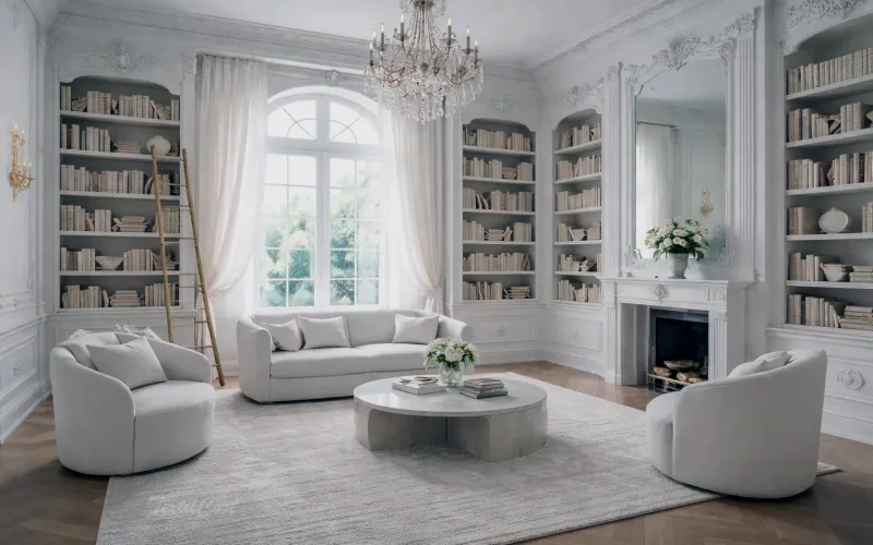 Cortinas estilo Rococó minimalista en biblioteca luminosa con estanterías integradas – TextilCort