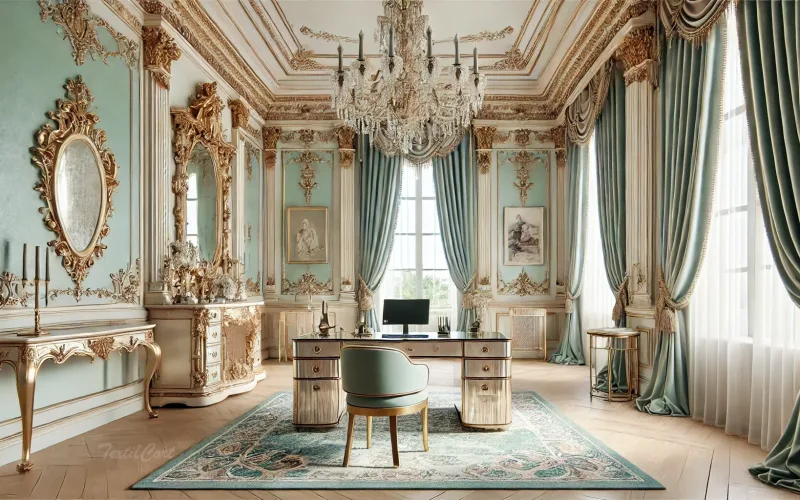 Cortinas estilo Rococó clásico en despacho palaciego con ornamentación dorada y tejidos nobles – TextilCort