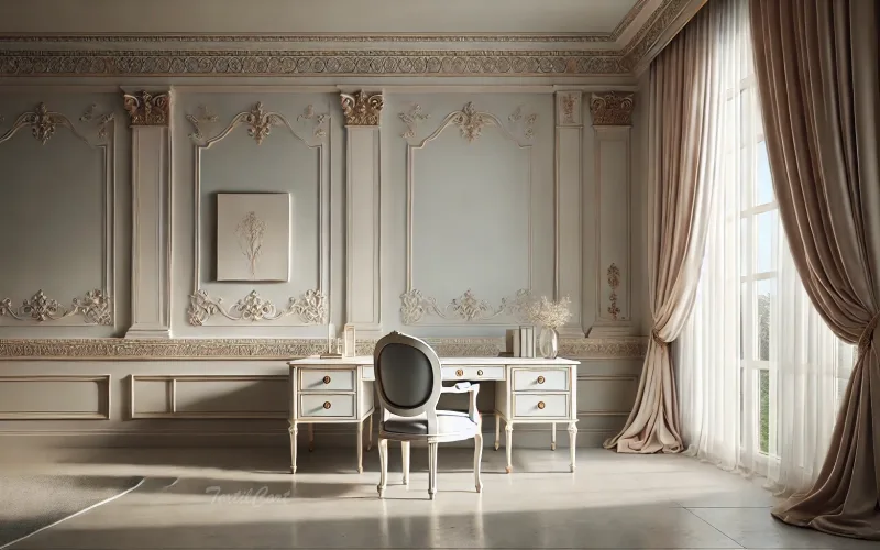 Cortinas estilo Rococó minimalista en despacho elegante con molduras suaves y luz natural – TextilCort