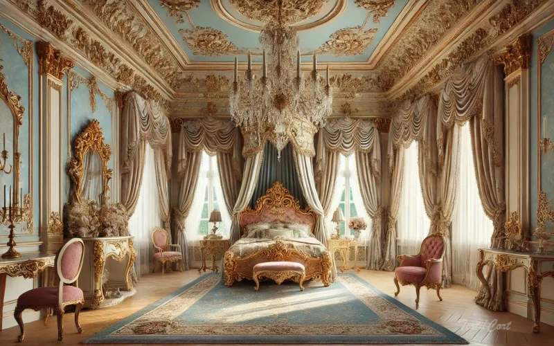 Cortinas estilo Rococó clásico en dormitorio palaciego con ornamentación dorada y tejidos nobles – TextilCort