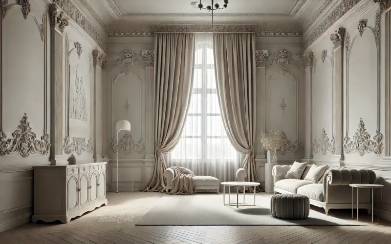 Cortinas estilo Rococó contemporáneo en dormitorio amplio con molduras suaves y tonos neutros – TextilCort