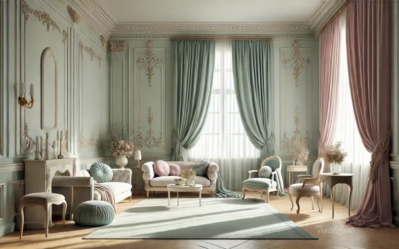 Cortinas estilo Rococó contemporáneo en dormitorio elegante con tonos pastel y molduras clásicas – TextilCort