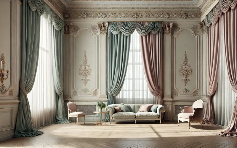Cortinas estilo Rococó contemporáneo en dormitorio sofisticado con composición simétrica y tonos suaves – TextilCort