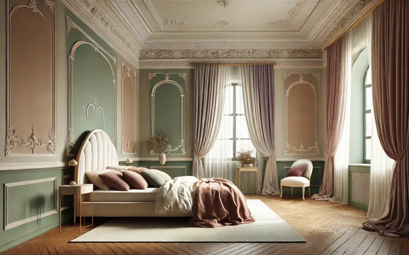 Cortinas estilo Rococó contemporáneo en dormitorio elegante con paleta suave y líneas depuradas – TextilCort