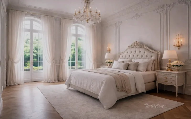 Cortinas estilo Rococó minimalista en dormitorio luminoso con ventanales y estética serena – TextilCort