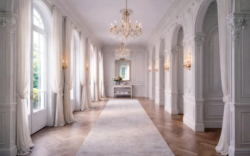 Cortinas estilo Rococó minimalista en galería noble con arcos y luz natural – TextilCort