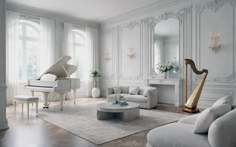 Cortinas estilo Rococó minimalista en sala de música luminosa con piano y estética depurada – TextilCort