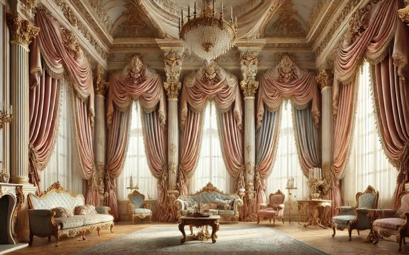 Salón estilo rococó con cortinas