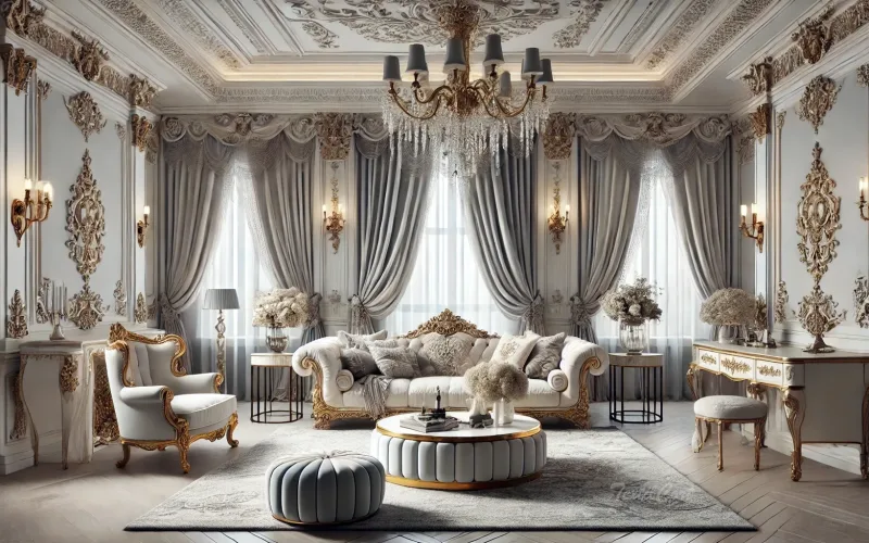 Interior de estilo rococó con cortinas ornamentales y luz natural