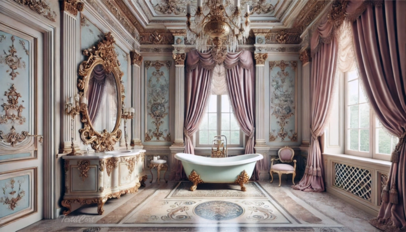 Cortinas estilo Rococó clásico en baño palaciego con bañera exenta y decoración dorada – TextilCort