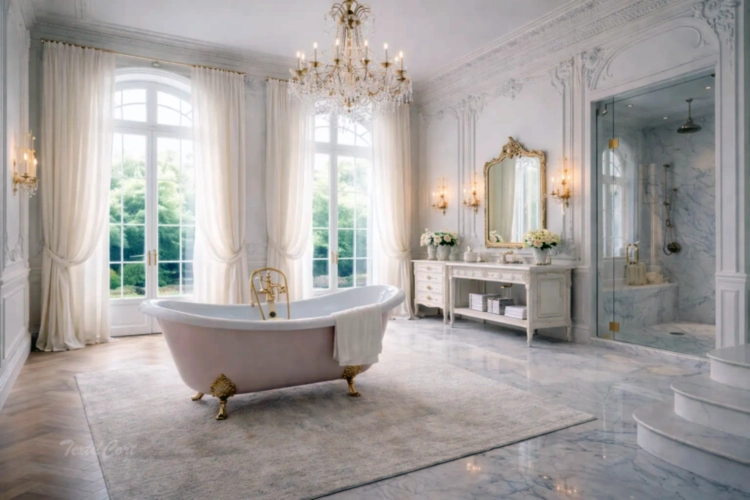 Cortinas estilo Rococó minimalista en baño luminoso con ventanales y estética depurada – TextilCort