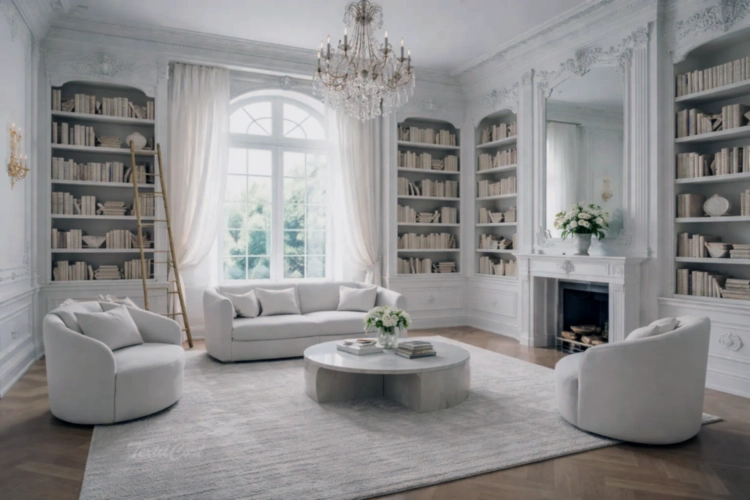 Cortinas estilo Rococó minimalista en biblioteca luminosa con estanterías integradas – TextilCort