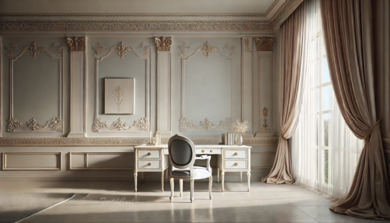 Cortinas estilo Rococó minimalista en despacho elegante con molduras suaves y luz natural – TextilCort