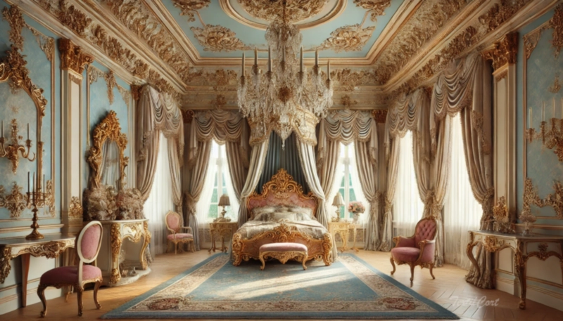 Cortinas estilo Rococó clásico en dormitorio palaciego con ornamentación dorada y tejidos nobles – TextilCort