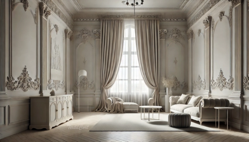 Cortinas estilo Rococó contemporáneo en dormitorio amplio con molduras suaves y tonos neutros – TextilCort