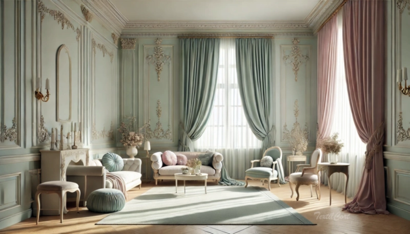 Cortinas estilo Rococó contemporáneo en dormitorio elegante con tonos pastel y molduras clásicas – TextilCort