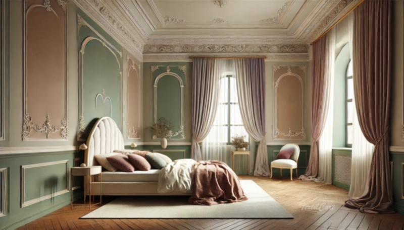 Cortinas estilo Rococó contemporáneo en dormitorio elegante con paleta suave y líneas depuradas – TextilCort