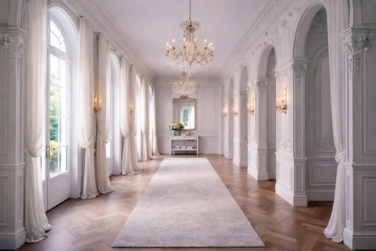 Cortinas estilo Rococó minimalista en galería noble con arcos y luz natural – TextilCort