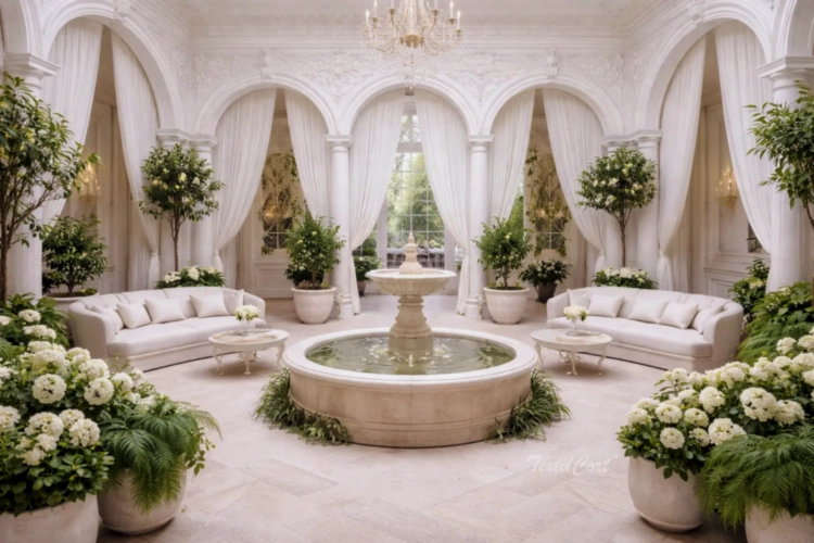 Cortinas estilo Rococó minimalista en patio interior luminoso con arcos y vegetación – TextilCort