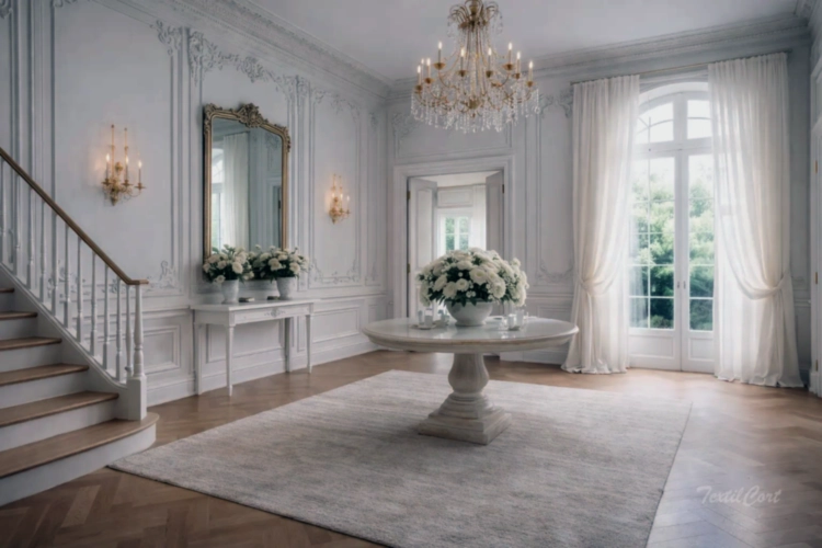 Cortinas estilo Rococó minimalista en recibidor luminoso con ventanales y estética depurada – TextilCort