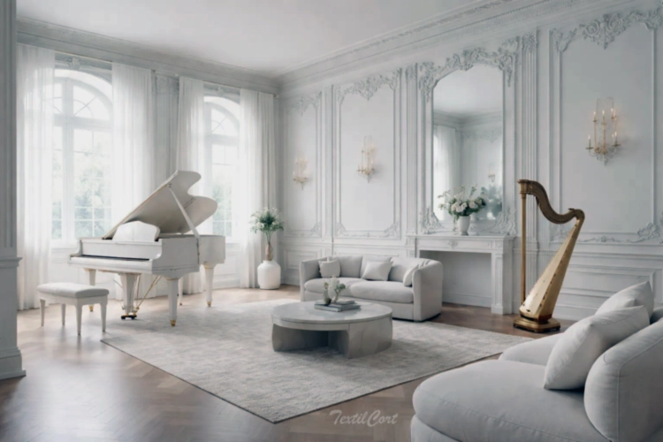 Cortinas estilo Rococó minimalista en sala de música luminosa con piano y estética depurada – TextilCort
