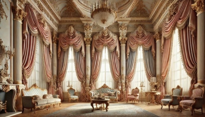 Cortinas estilo Rococó clásico en salón palaciego con grandes ventanales y ornamentación dorada – TextilCort