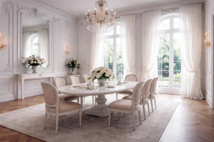 Cortinas estilo Rococó minimalista en salón luminoso con ventanales y estética depurada – TextilCort