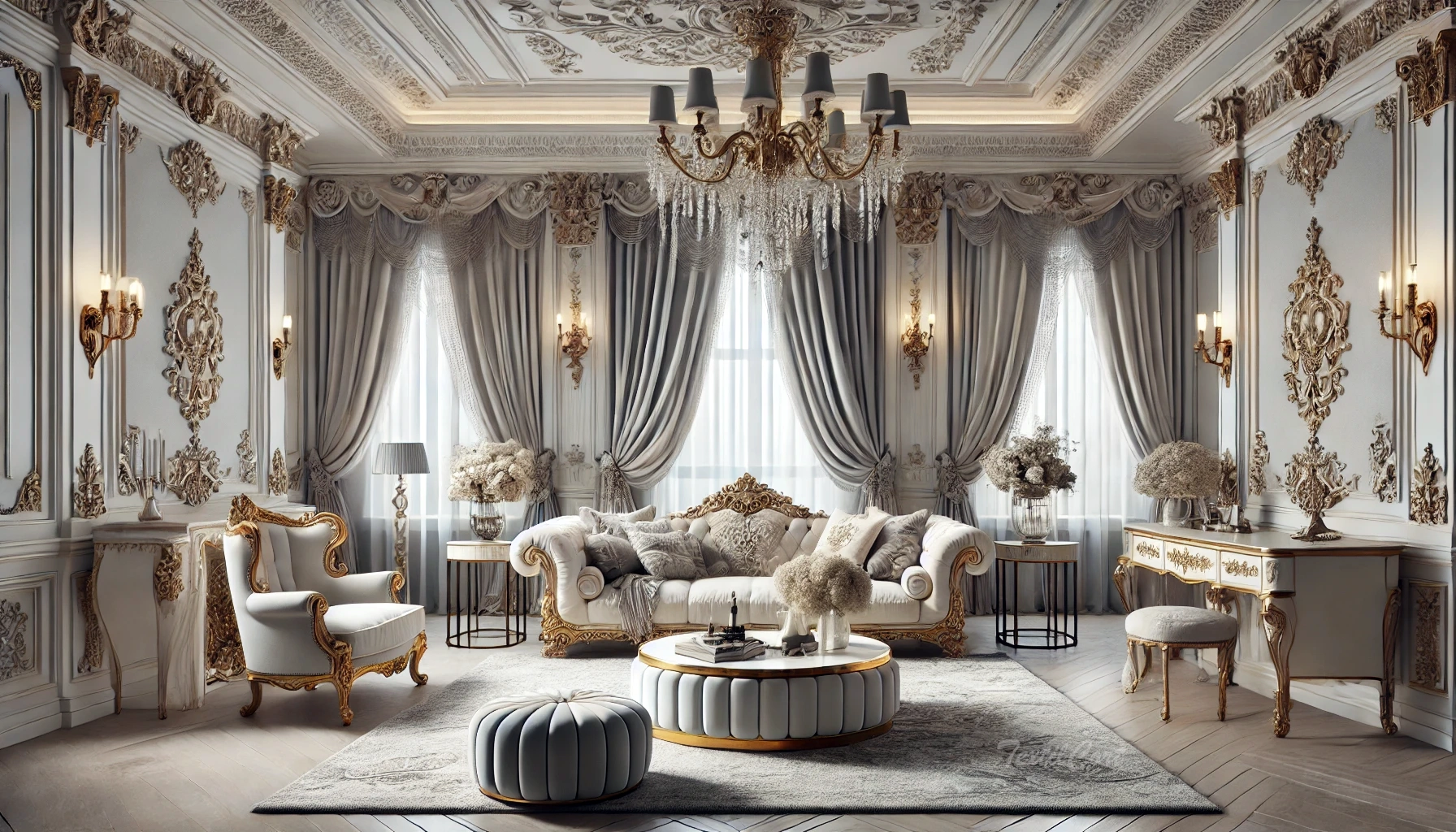 Interior de estilo rococó con cortinas ornamentales y luz natural