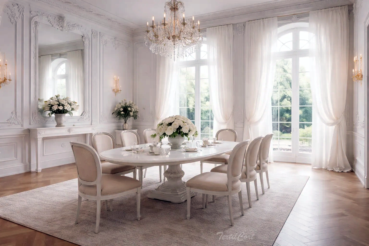 Cortinas estilo Rococó minimalista en salón luminoso con ventanales y estética depurada