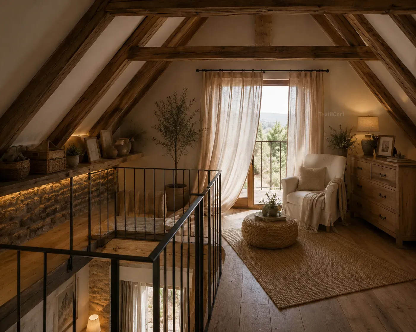 Interior de estilo rústico con cortinas naturales y luz cálida