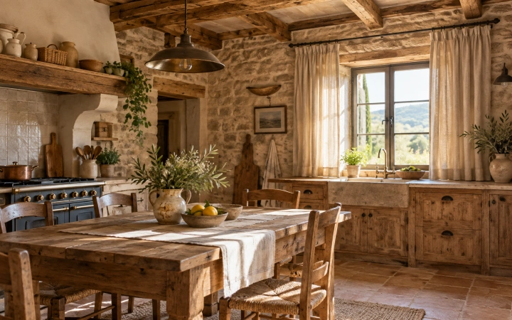 Cocina de casa rural con cortinas rústicas claras sobre barra de forja