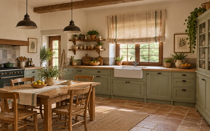 Cocina de casa rural con estor paqueto de lino en tonos naturales