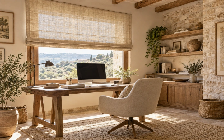 Despacho de casa rural con estor plegable de aspecto lino