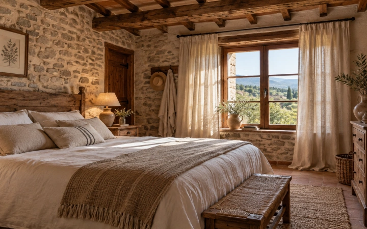 Dormitorio de casa rural con cortinas rústicas de lino sobre barra de forja