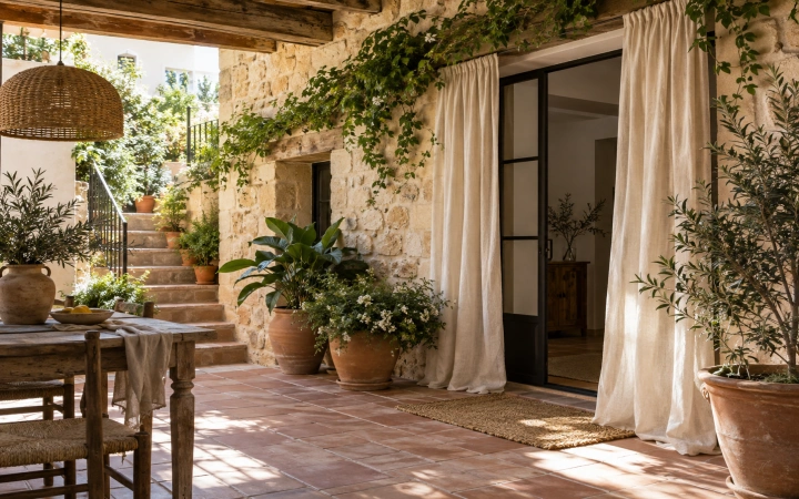 Patio interior de casa rural con cortinas rústicas de lino
