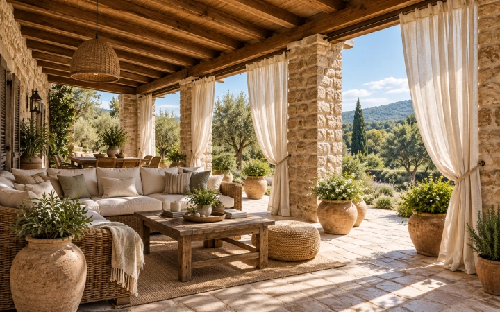 Porche de casa rural con cortinas rústicas claras entre pilares de piedra