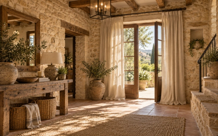 Recibidor de casa rural con cortinas rústicas claras sobre barra de forja