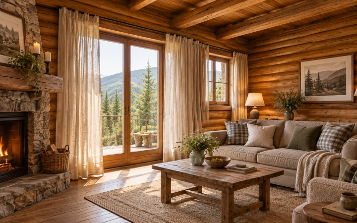 Salón de cabaña de madera con cortinas rústicas claras sobre barra