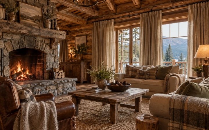 Salón de casa rural con cortinas rústicas sobre barra de forja