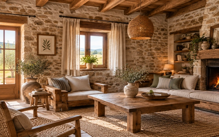 Salón de casa rural de piedra con cortinas rústicas y barra de forja