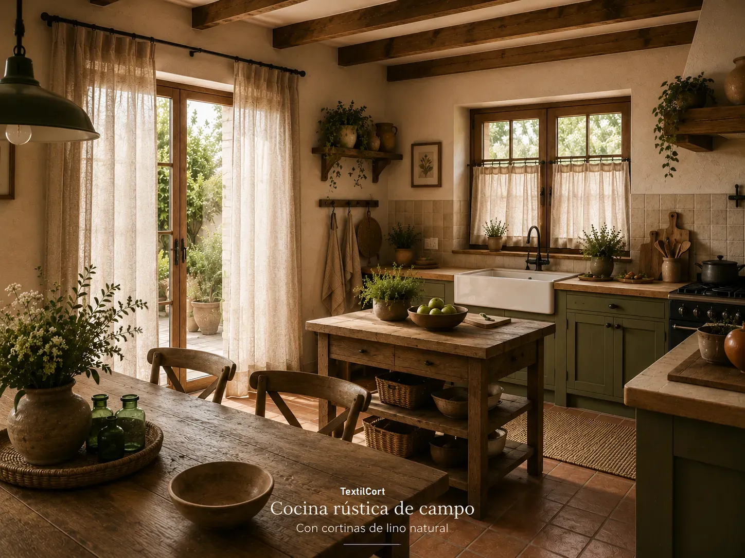 Cocina rústica de campo con cortinas de lino natural