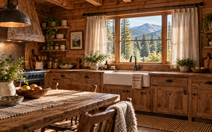 Cocina de cabaña de montaña con cortinas rústicas sobre barra de forja negra