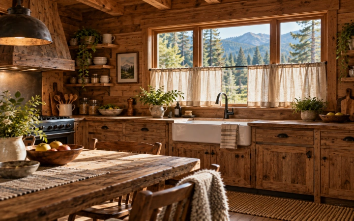 Cocina de cabaña de madera con cortina corta rústica tipo visillo