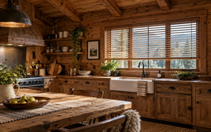 Cocina de cabaña de montaña con veneciana de madera